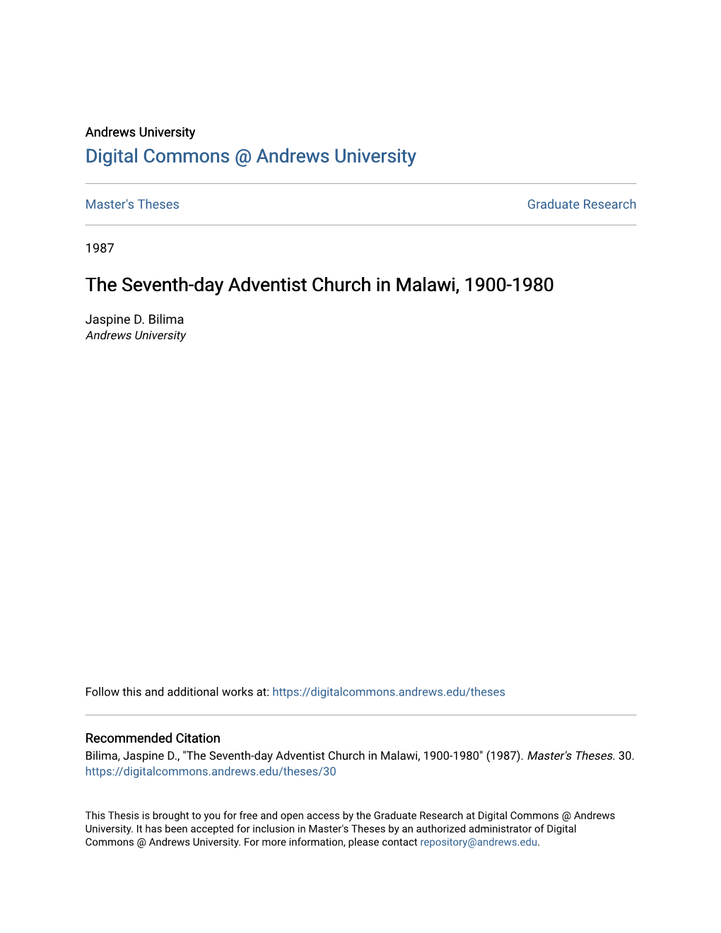 The Seventh-Day Adventist Church in Malawi, 1900-1980