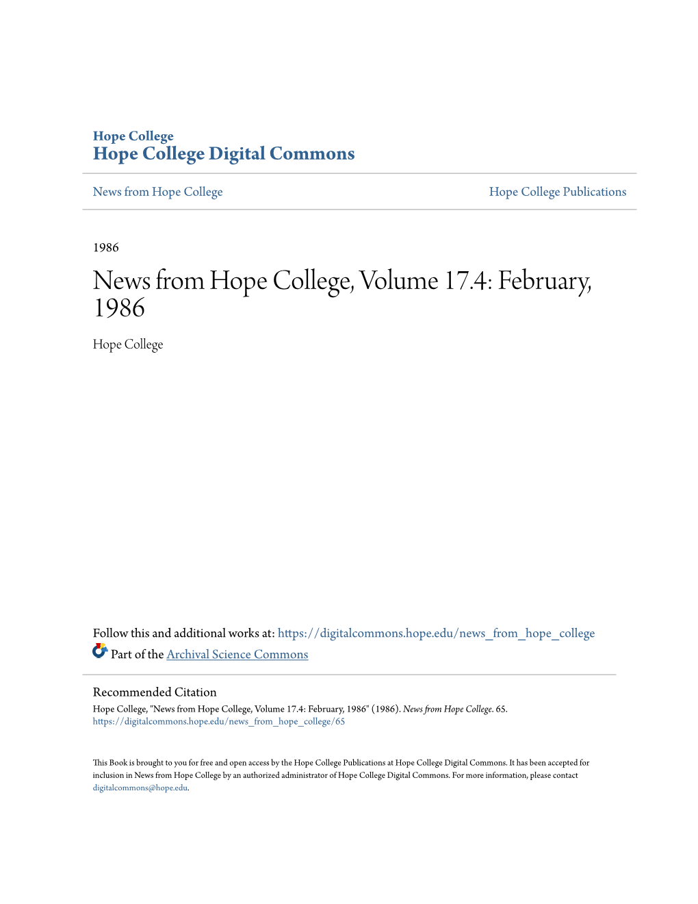 News from Hope College, Volume 17.4: February, 1986 Hope College