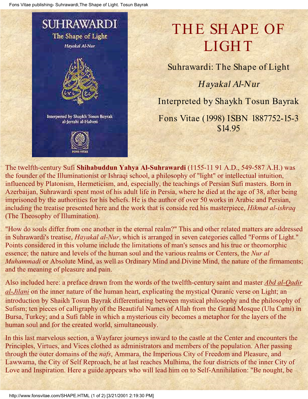 Suhrawardi,The Shape of Light. Tosun Bayrak