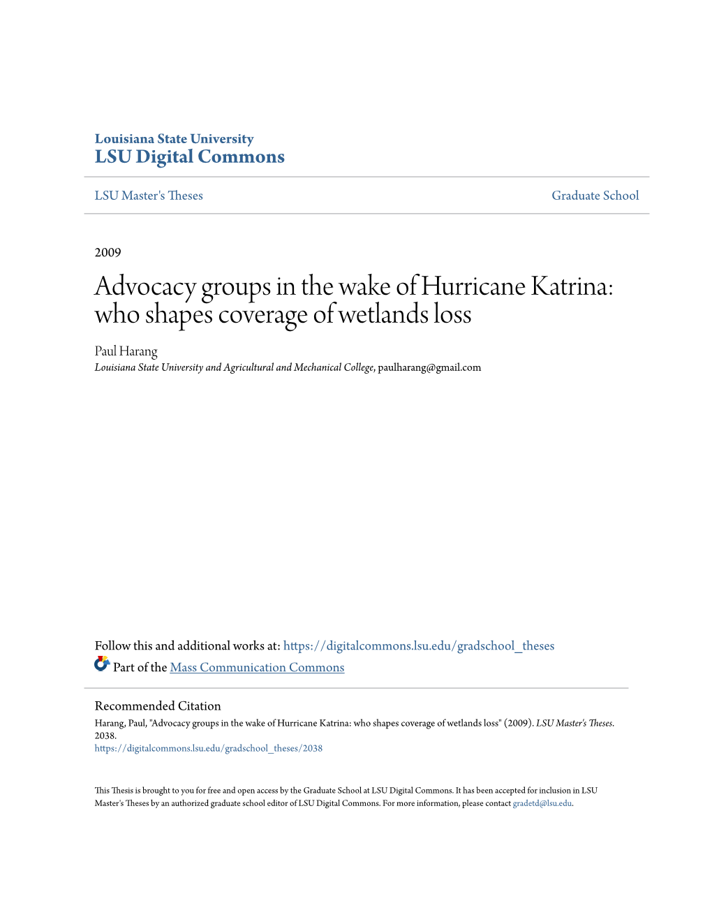 Advocacy Groups in the Wake of Hurricane Katrina: Who Shapes