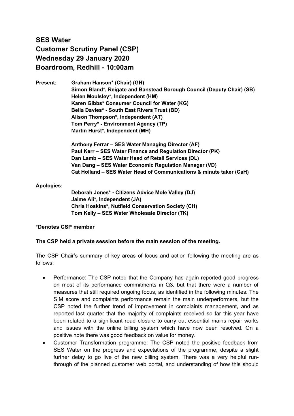 SES Water Customer Scrutiny Panel (CSP) Wednesday 29 January 2020 Boardroom, Redhill - 10:00Am