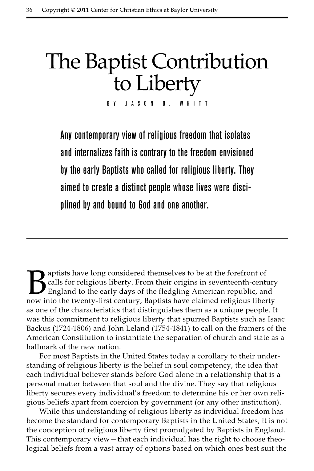 The Baptist Contribution to Liberty by Jason D