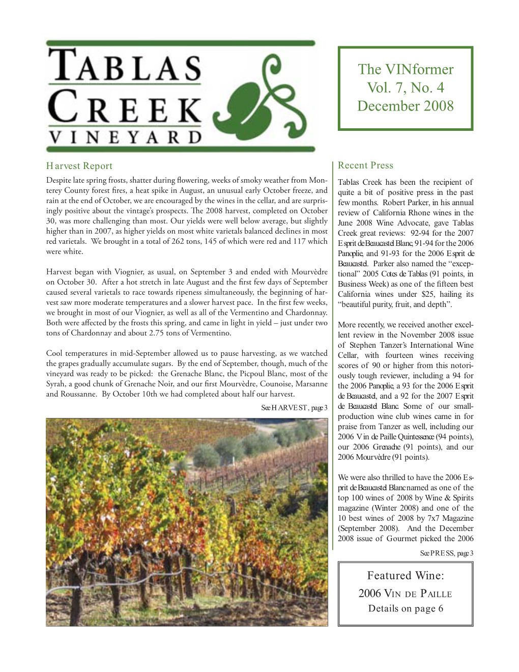 Tablas Creek Vineyard Newsletter: December 2008