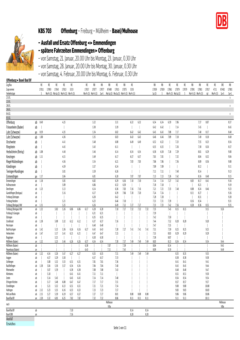 KBS 703 Offenburg – Freiburg – Müllheim – Basel/Mulhouse – Ausfall Und Ersatz Offenburg   Emmendingen – Spätere Fahrzeiten Emmendingen  Offenburg – Von Samstag, 21