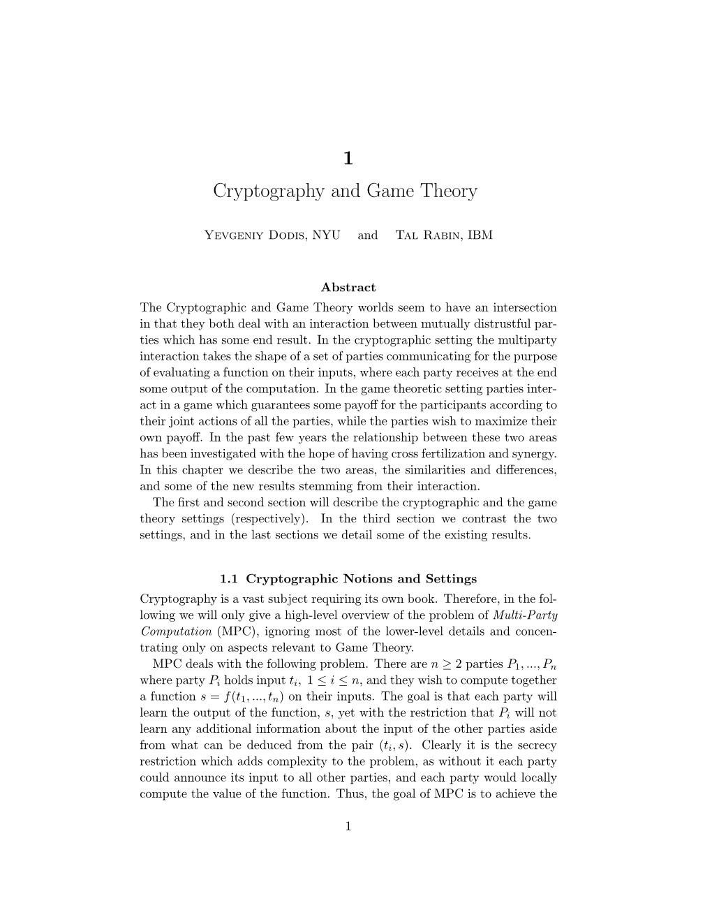 1 Cryptography and Game Theory