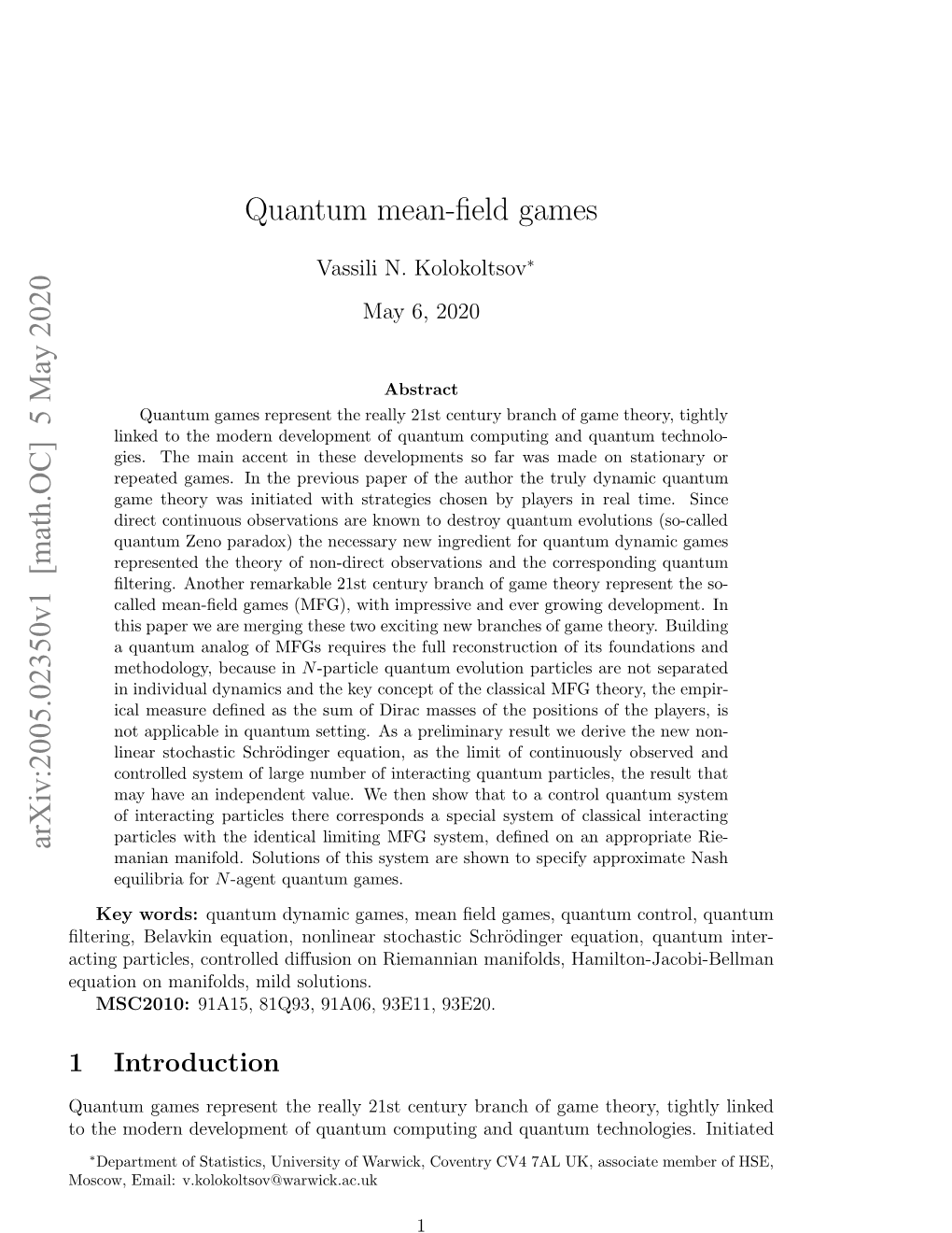 Quantum Mean Field Games