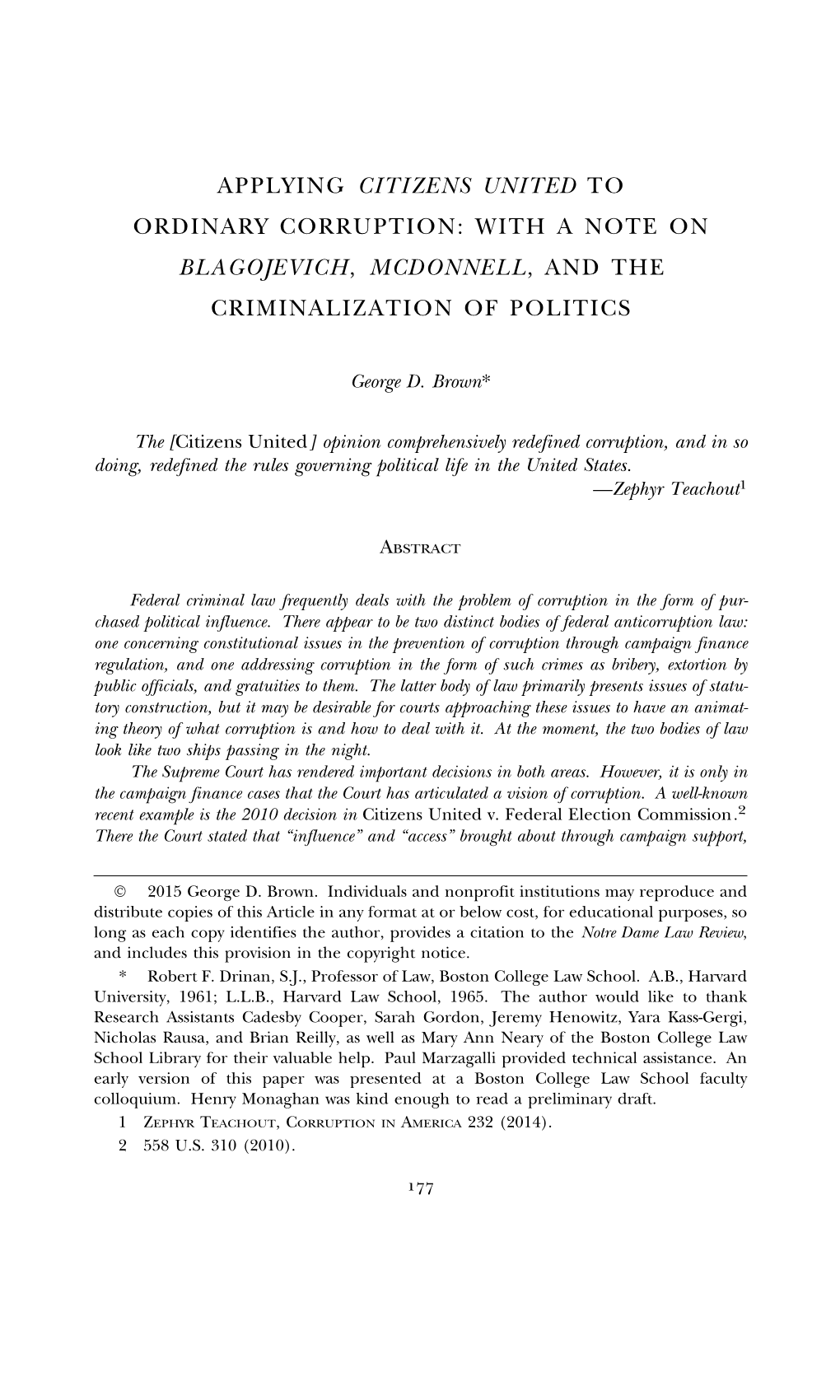 Applying Citizens United to Ordinary Corruption: with a Note on Blagojevich, Mcdonnell, and the Criminalization of Politics