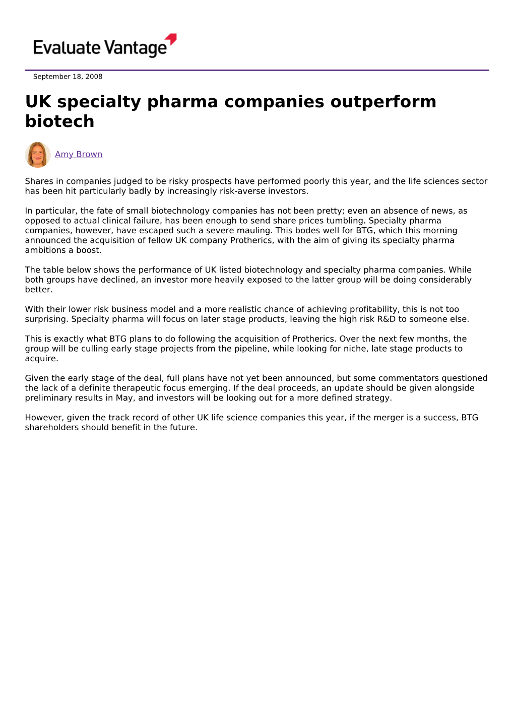 UK Specialty Pharma Companies Outperform Biotech