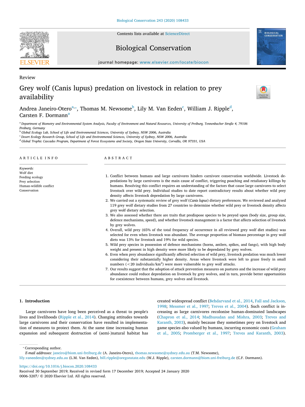 Grey Wolf (Canis Lupus) Predation on Livestock in Relation to Prey Availability