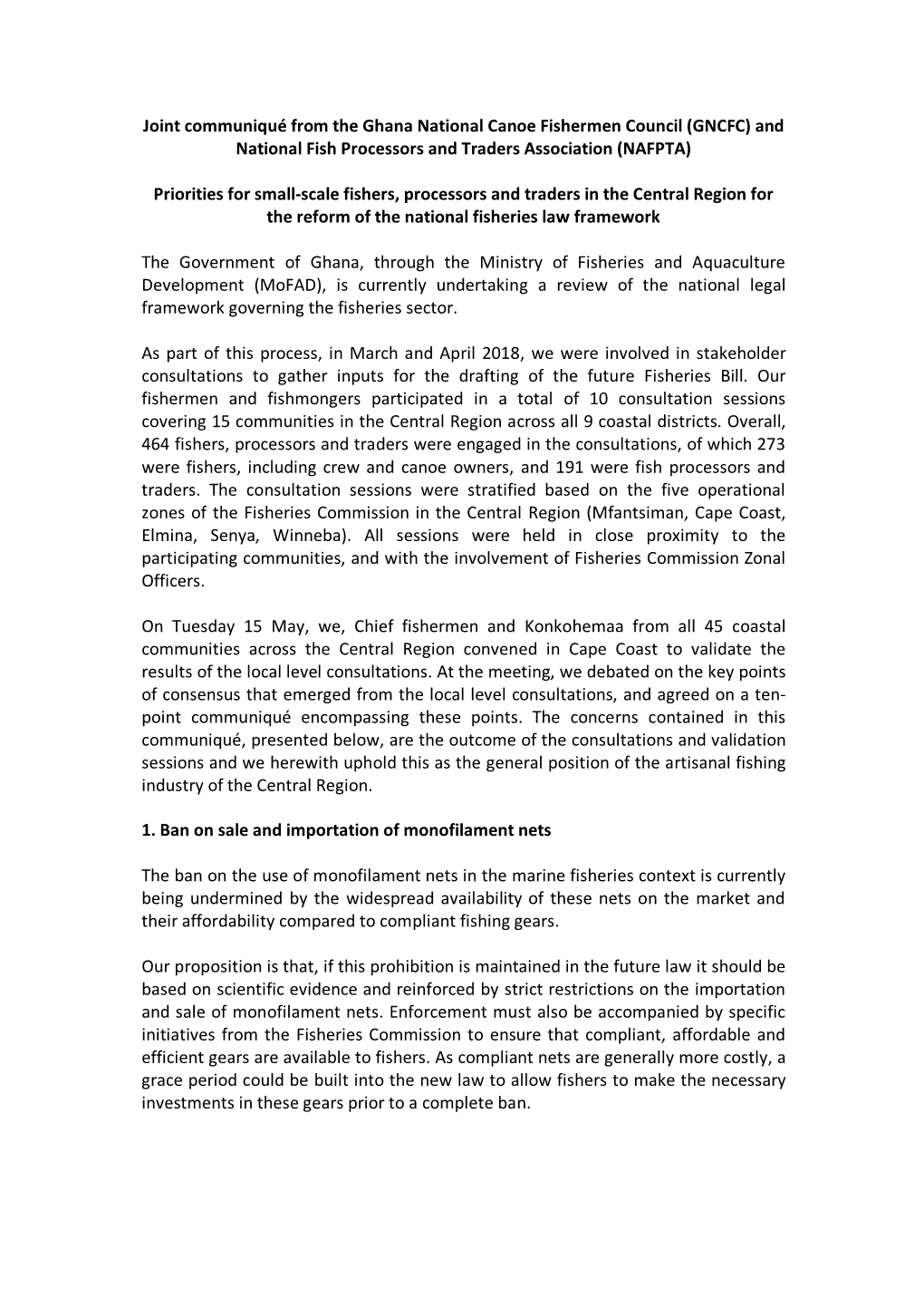 Joint Communiqué from the Ghana National Canoe Fishermen Council (GNCFC) and National Fish Processors and Traders Association (NAFPTA)