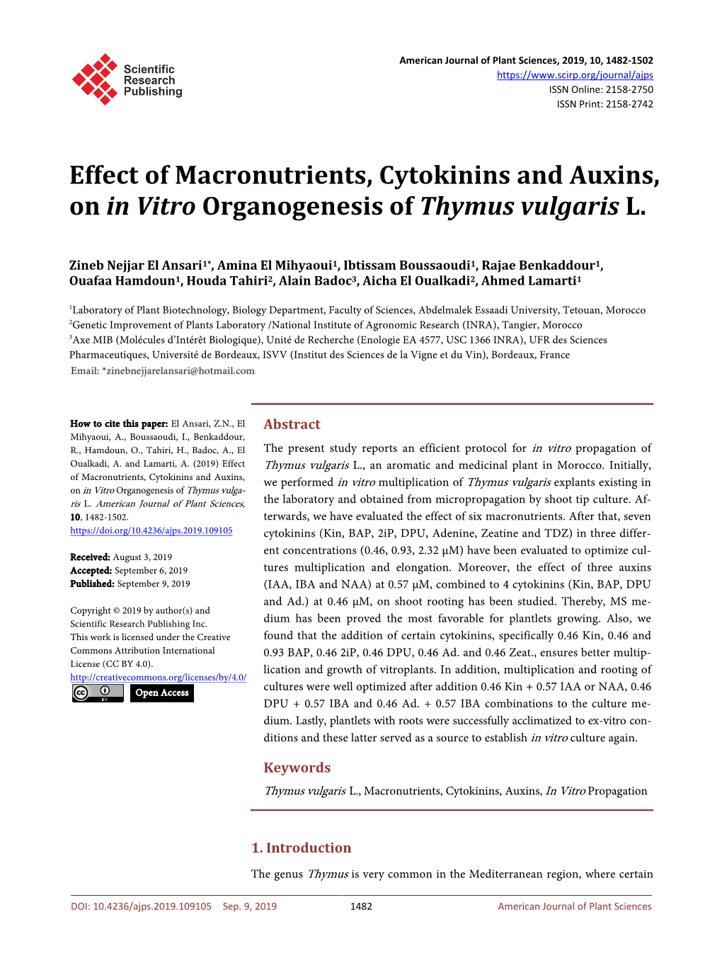 Effect of Macronutrients, Cytokinins and Auxins, on in Vitro Organogenesis of Thymus Vulgaris L