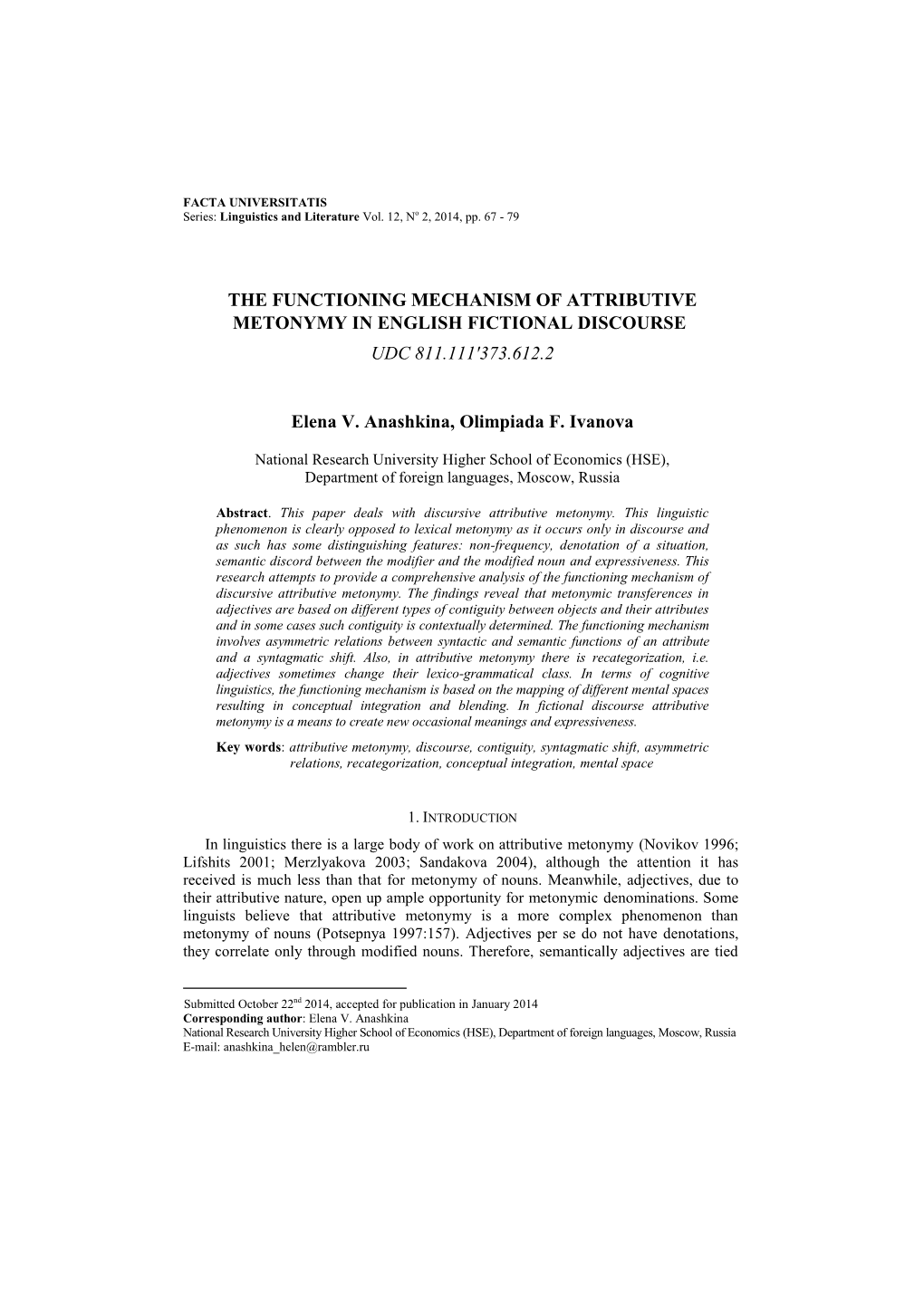 The Functioning Mechanism of Attributive Metonymy in English Fictional Discourse Udc 811.111'373.612.2