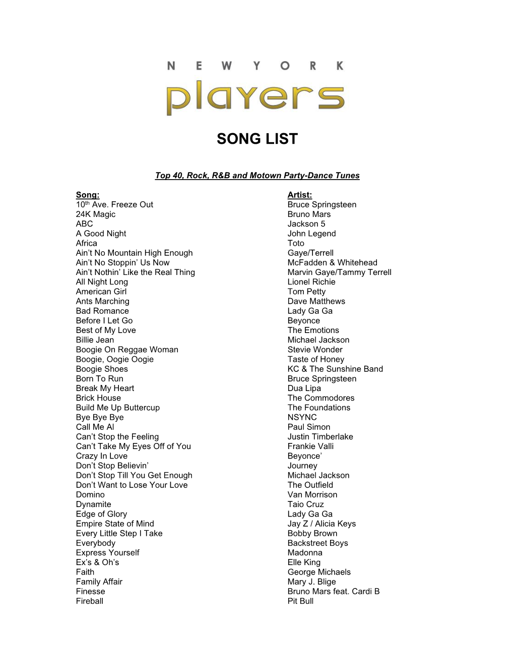 New York Players Song List