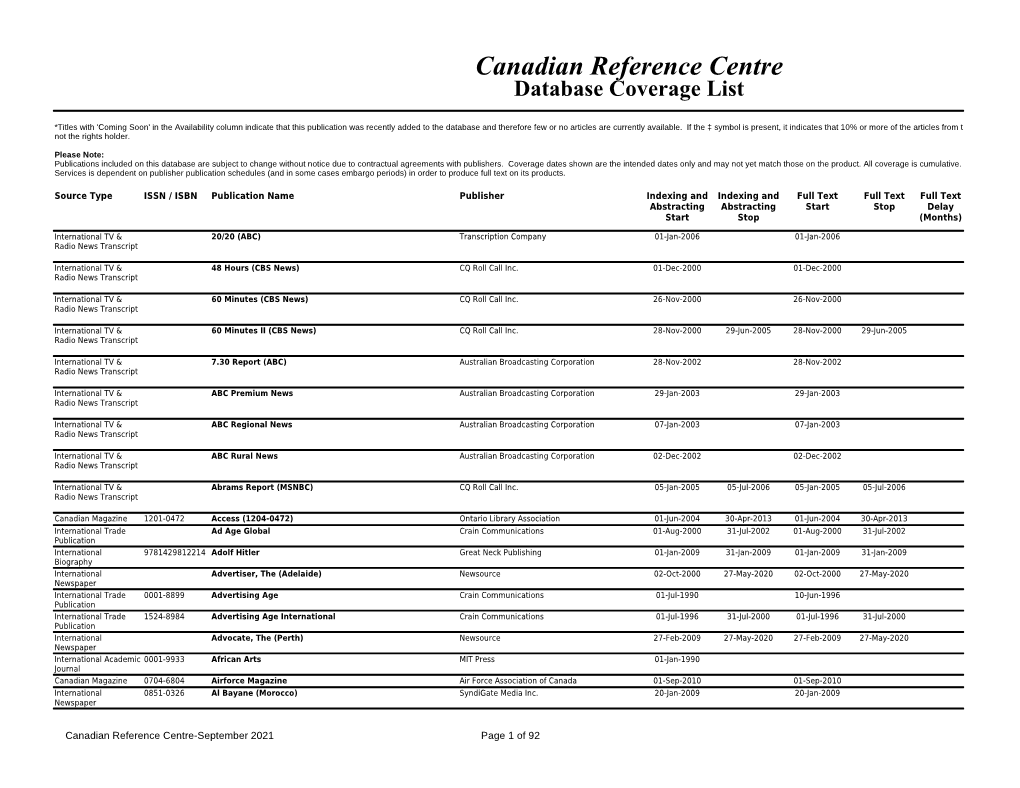 Canadian Reference Centre Database Coverage List