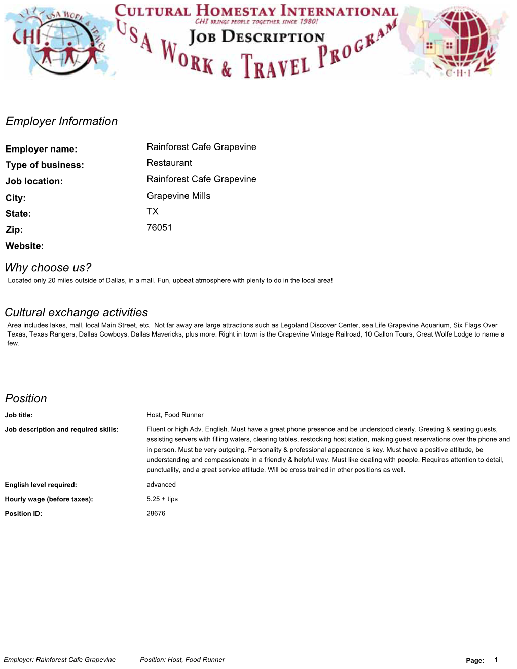 Position Cultural Exchange Activities Employer Information Why Choose