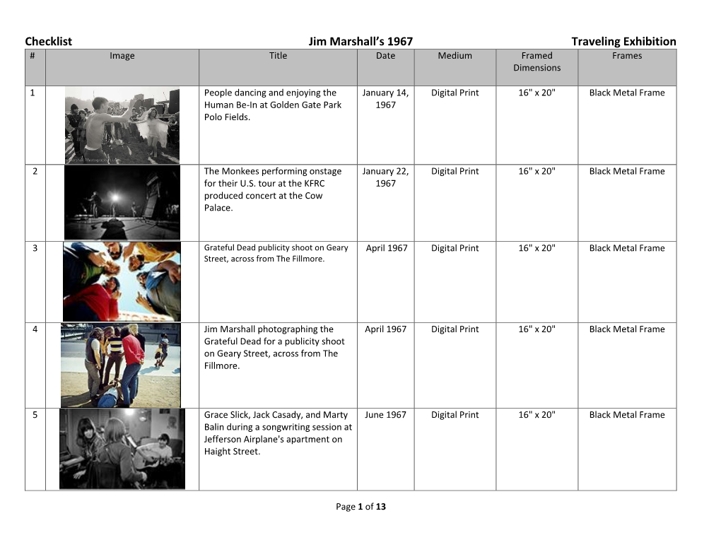 Checklist Jim Marshall's 1967 Traveling Exhibition