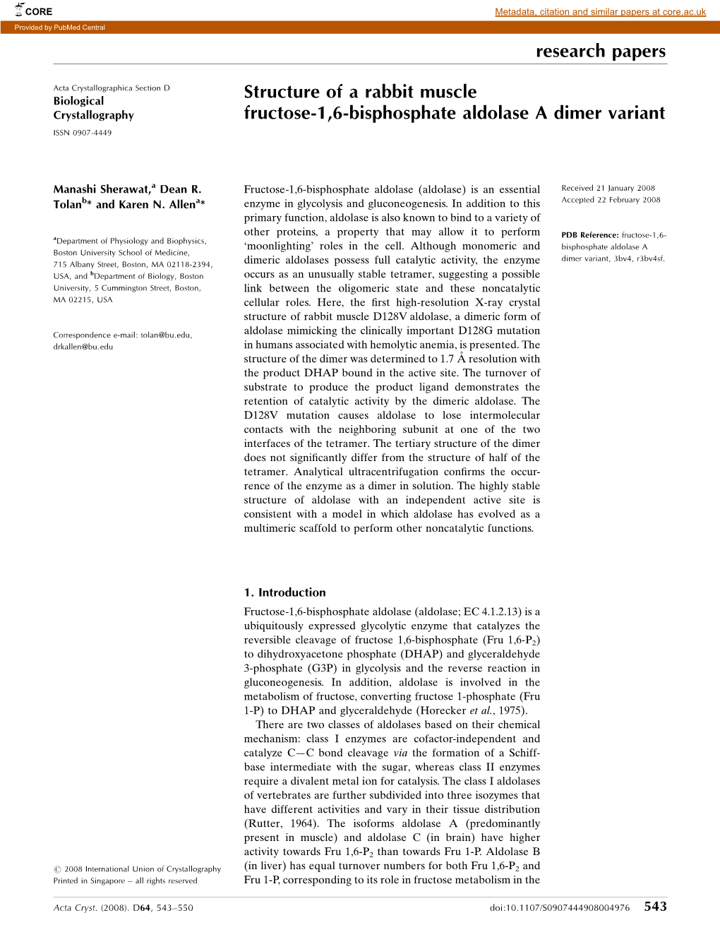 Structure of a Rabbit Muscle Fructose-1,6-Bisphosphate Aldolase