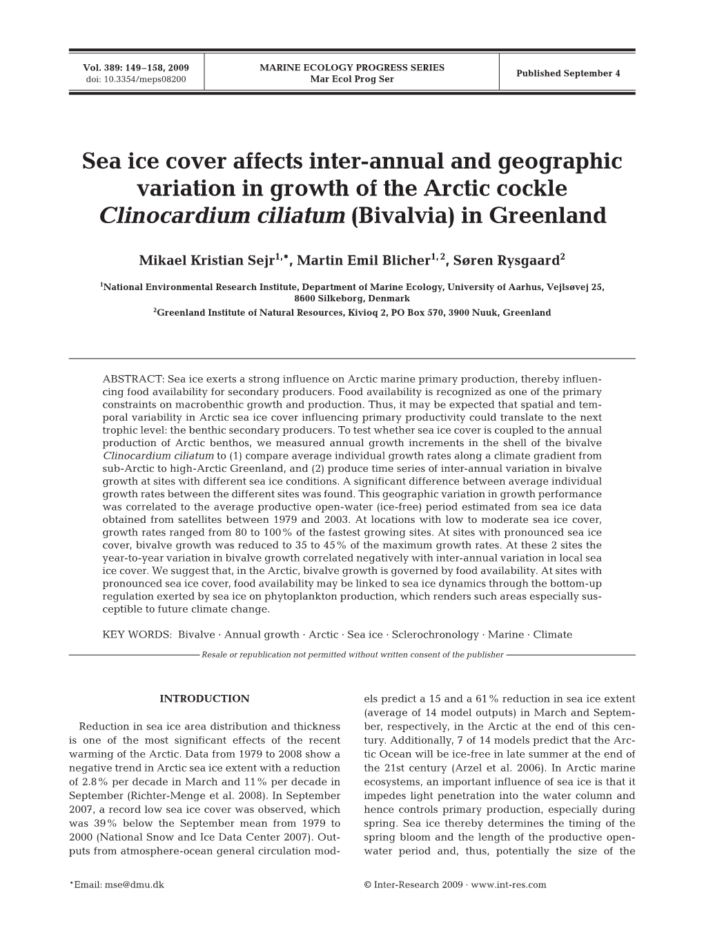 Sea Ice Cover Affects Inter-Annual and Geographic Variation in Growth of the Arctic Cockle Clinocardium Ciliatum (Bivalvia) in Greenland