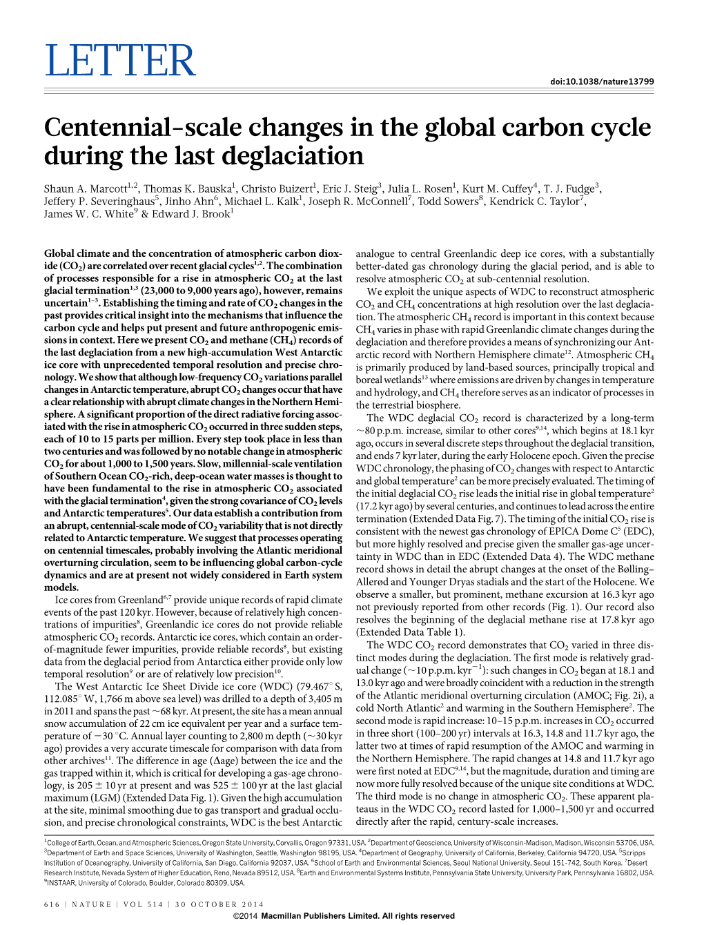 Centennial-Scale Changes in the Global Carbon Cycle During the Last Deglaciation