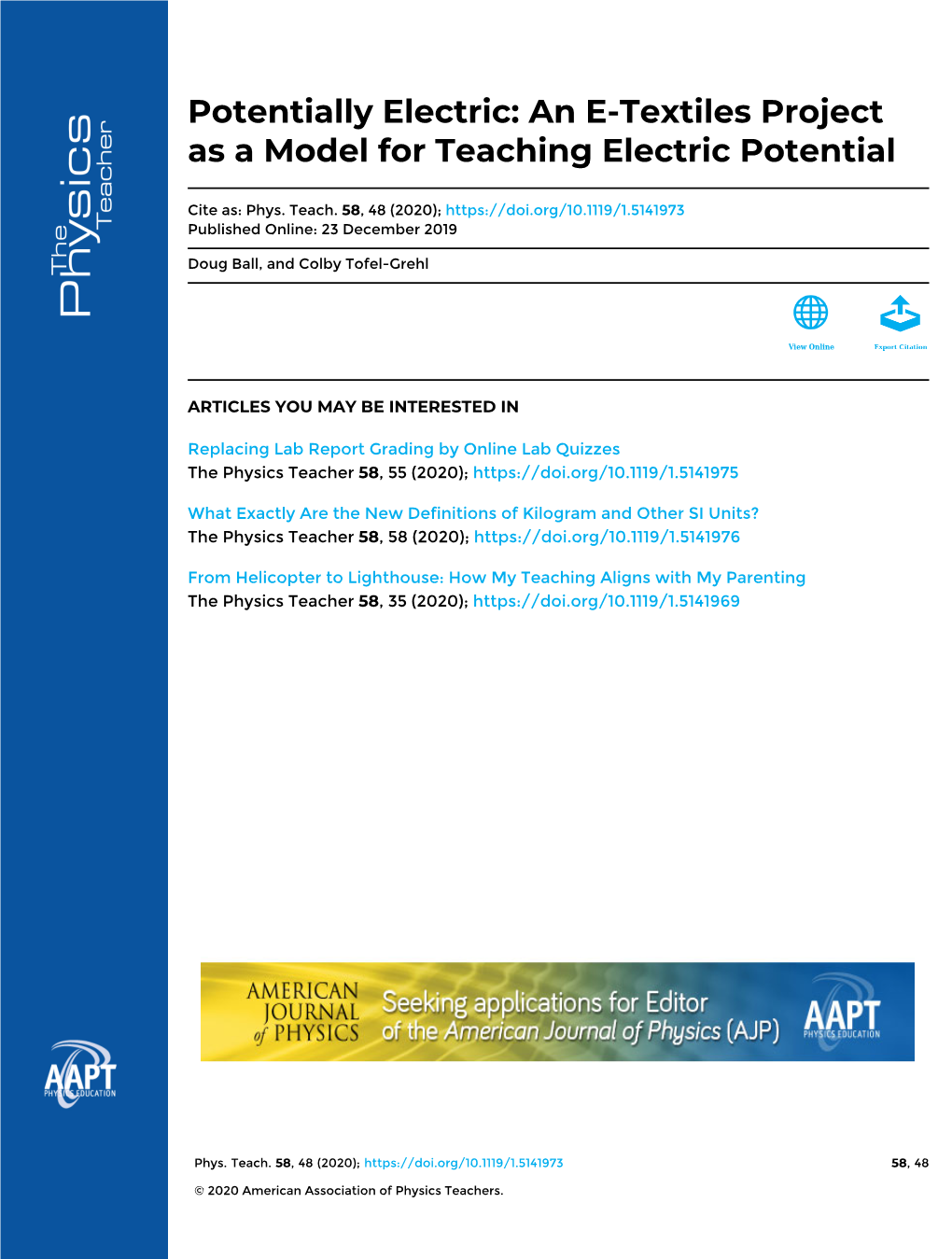 An E-Textiles Project As a Model for Teaching Electric Potential