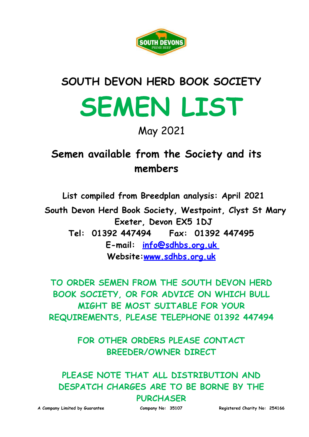 SOUTH DEVON HERD BOOK SOCIETY SEMEN LIST May 2021