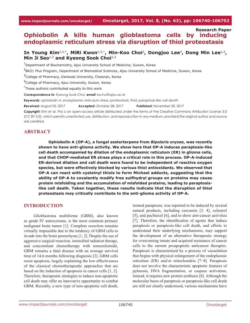 Ophiobolin a Kills Human Glioblastoma Cells by Inducing Endoplasmic Reticulum Stress Via Disruption of Thiol Proteostasis