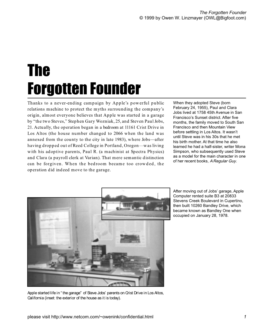 The Forgotten Founder © 1999 by Owen W