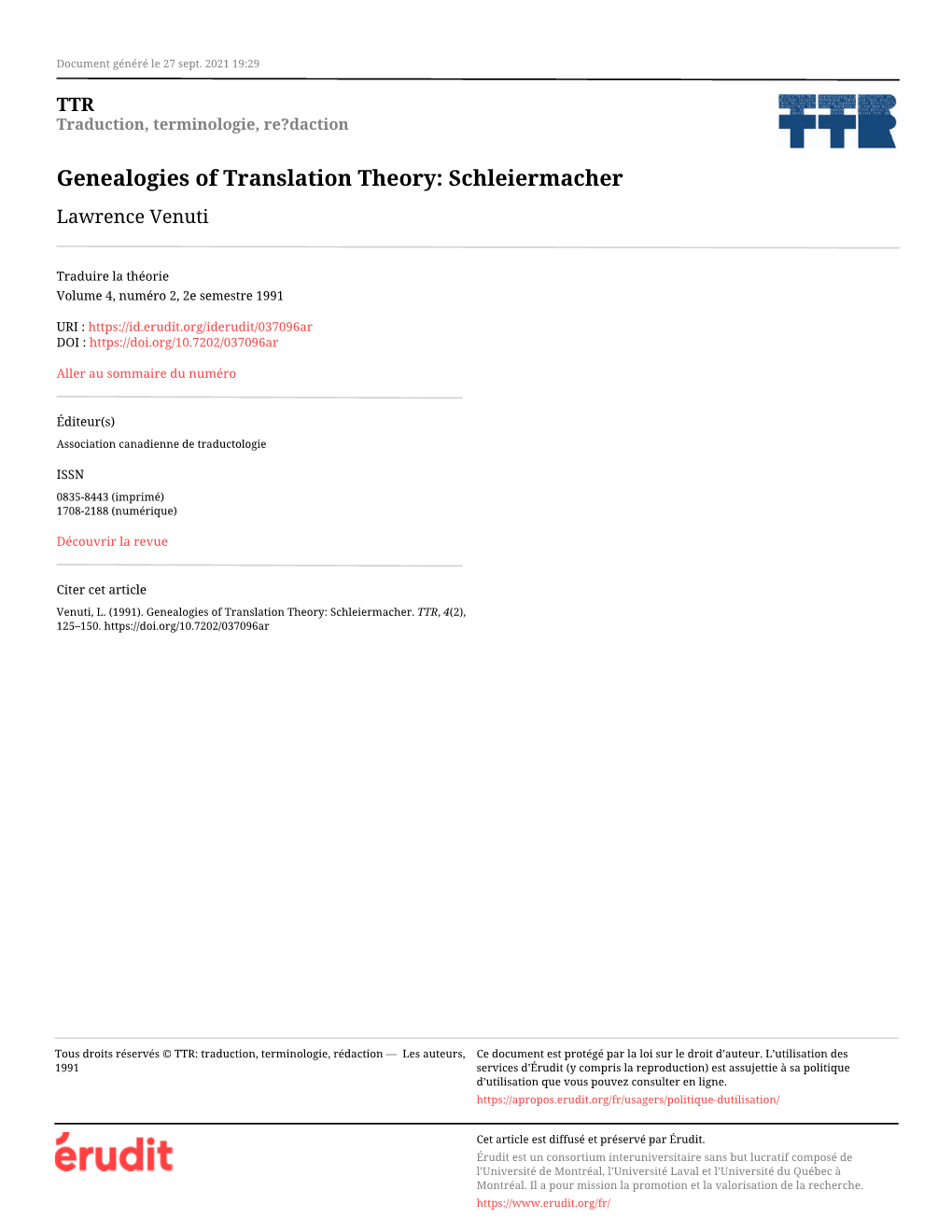 Genealogies of Translation Theory: Schleiermacher Lawrence Venuti