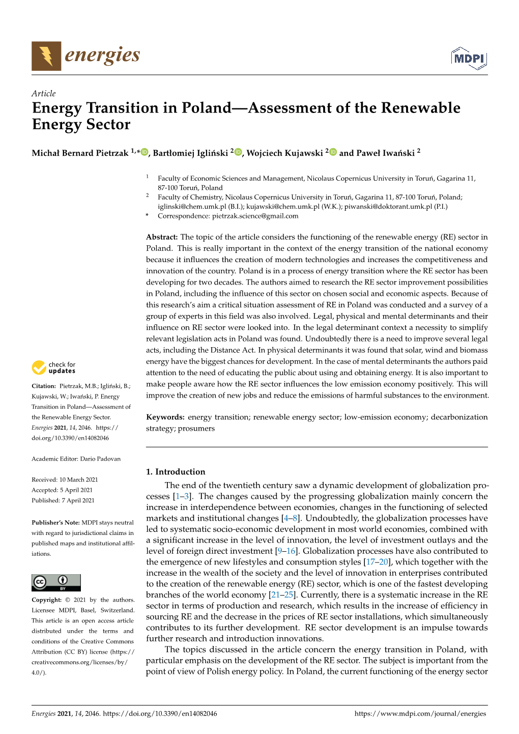 Energy Transition in Poland—Assessment of the Renewable Energy Sector