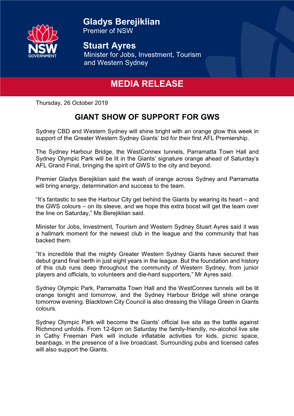 Gladys Berejiklian Stuart Ayres MEDIA RELEASE