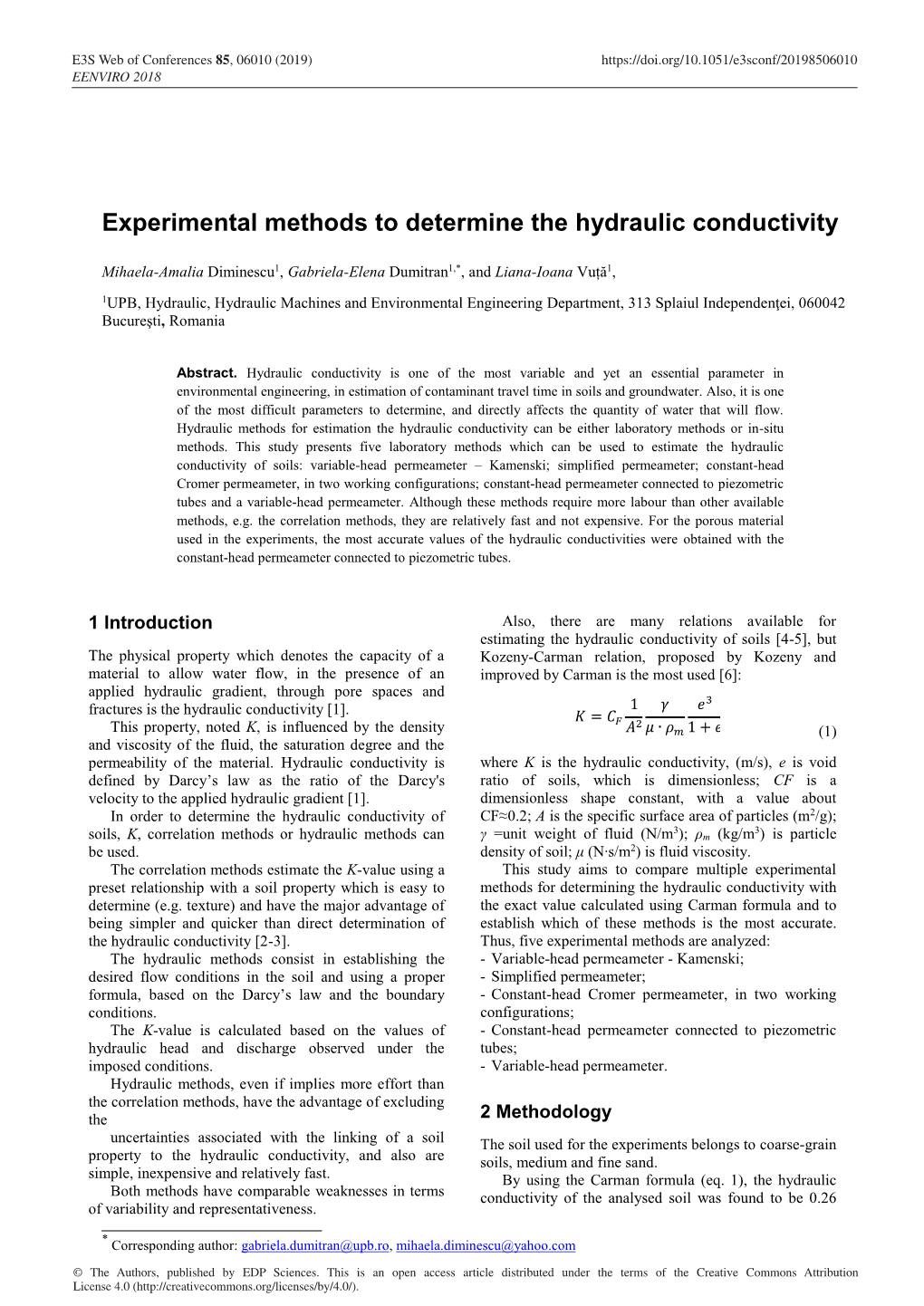 Experimental Methods to Determine the Hydraulic Conductivity