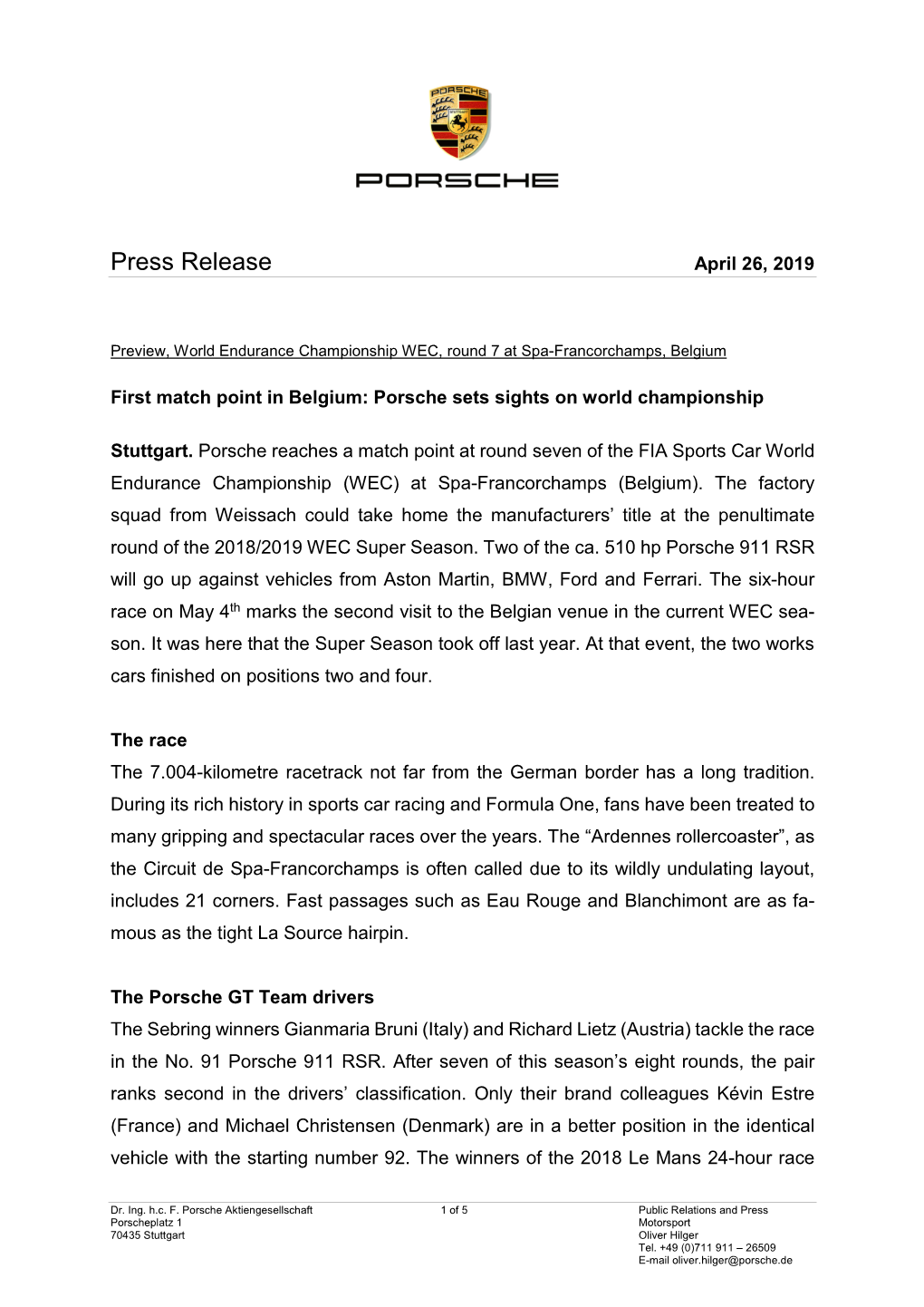 Press Release April 26, 2019