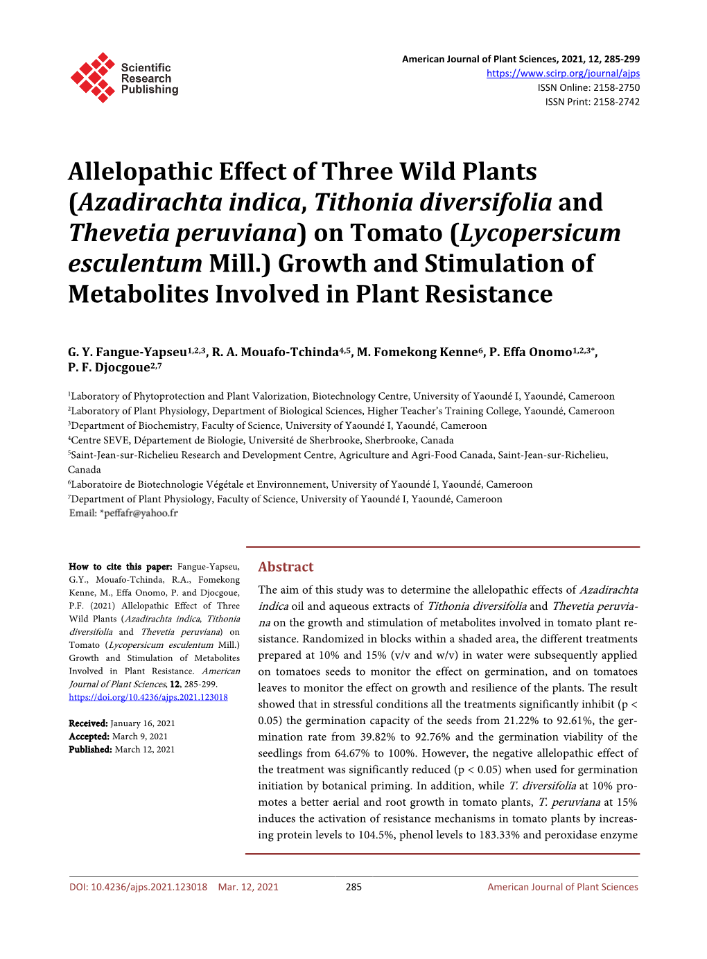 Allelopathic Effect of Three Wild Plants (Azadirachta Indica, Tithonia