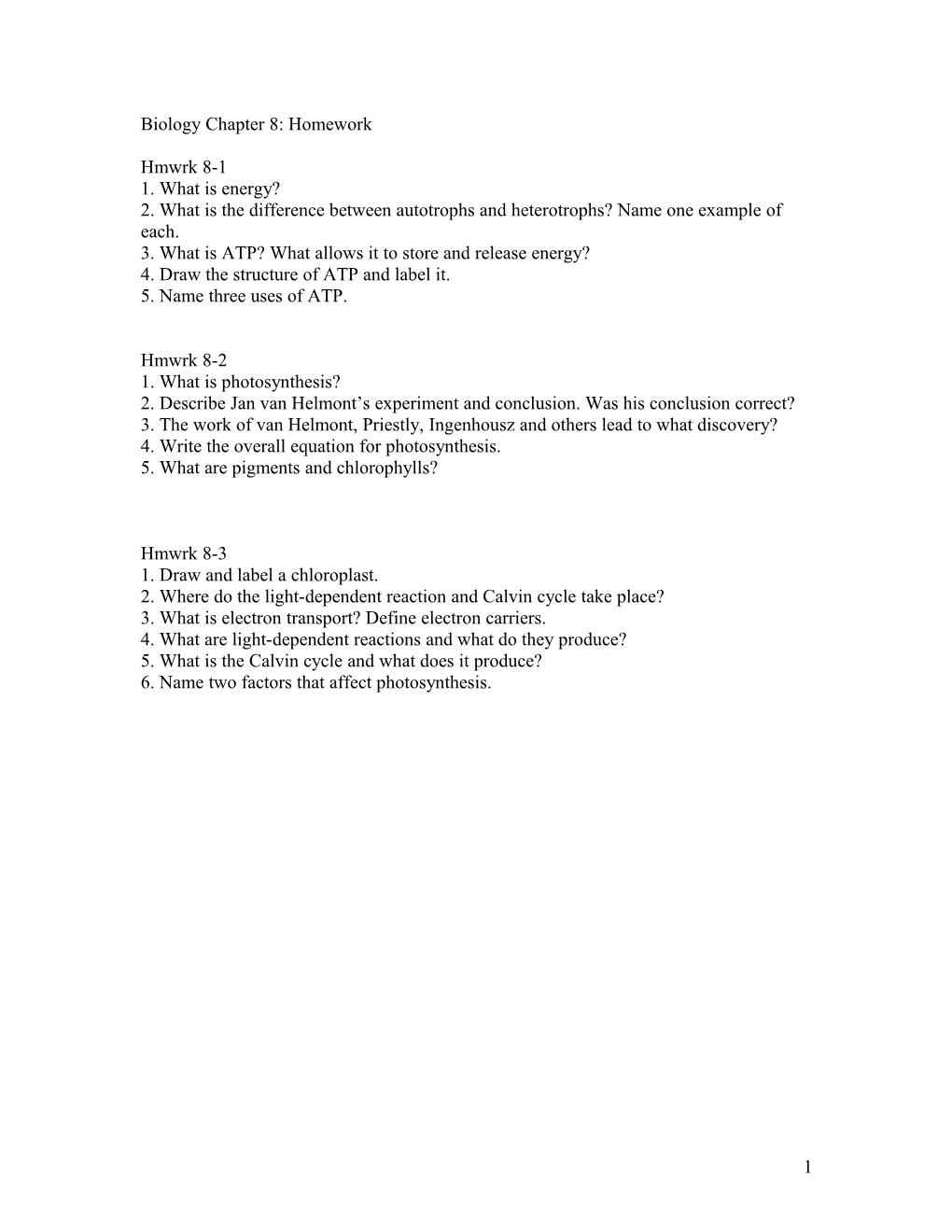 Biology Chapter 8: Study Guide