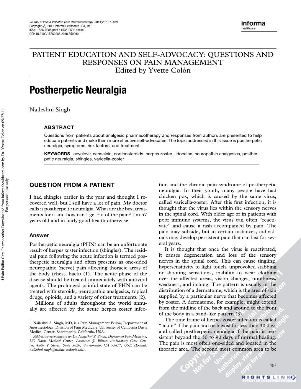 Postherpetic Neuralgia