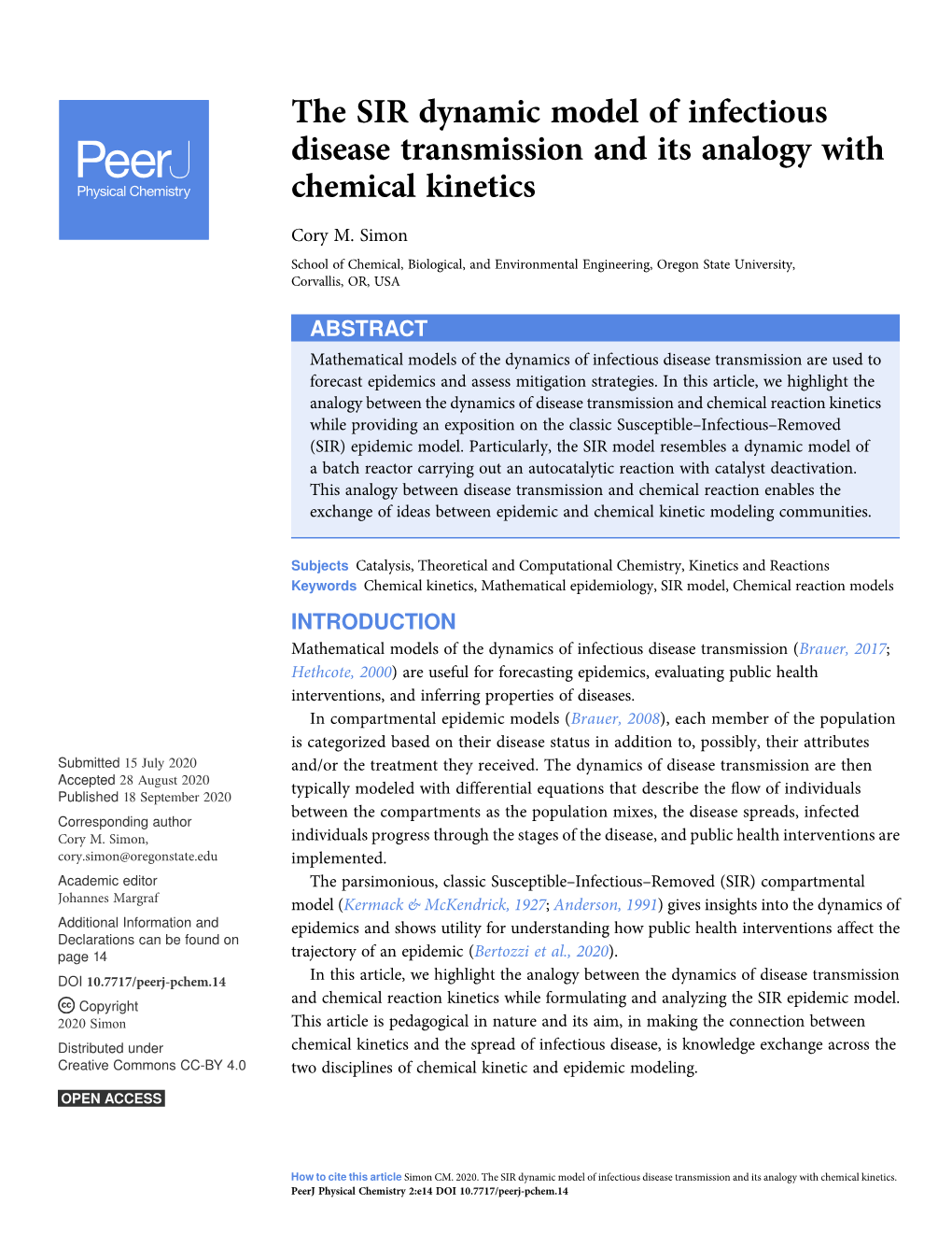 The SIR Dynamic Model of Infectious Disease Transmission and Its Analogy with Chemical Kinetics