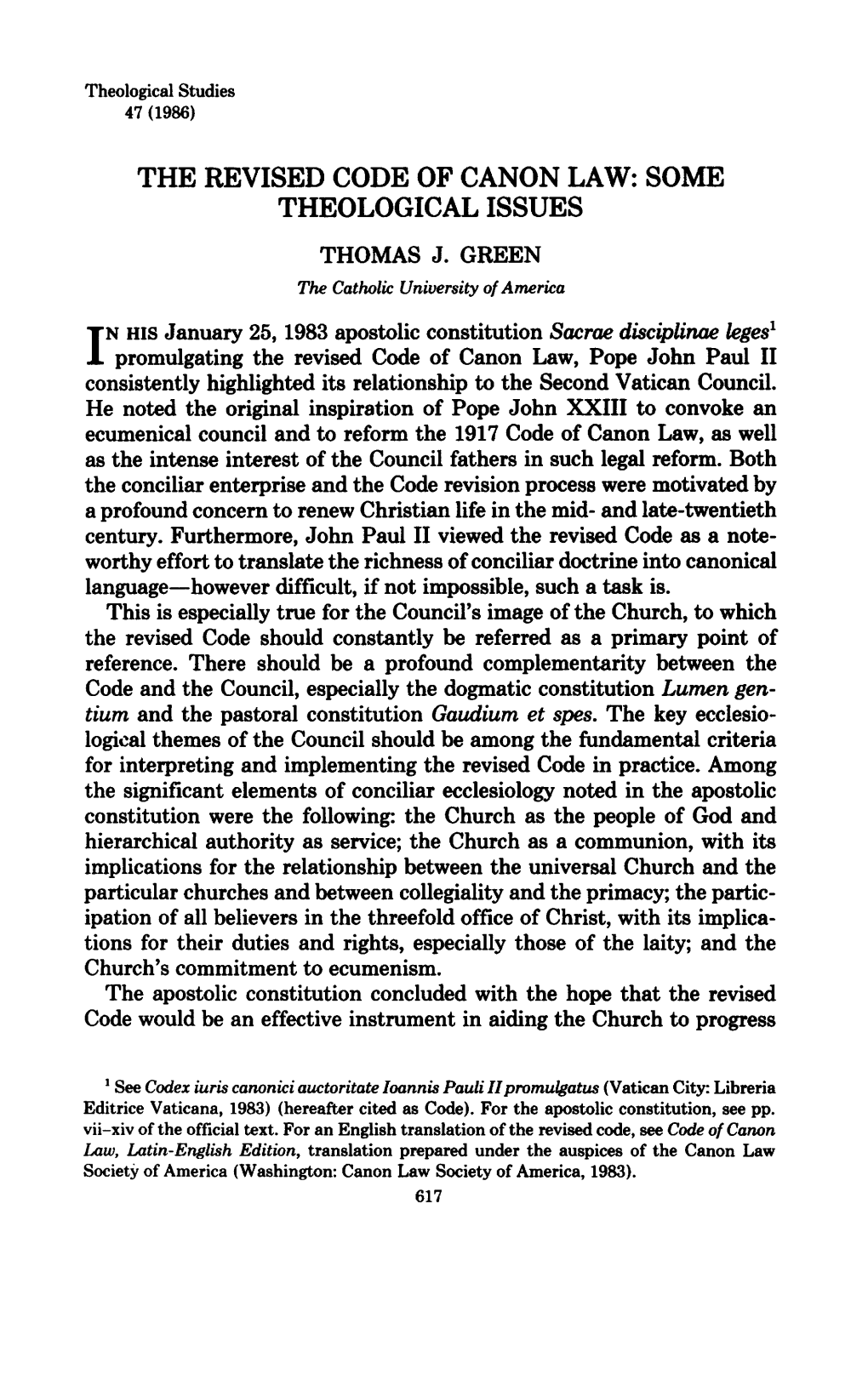 The Revised Code of Canon Law: Some Theological Issues Thomas J