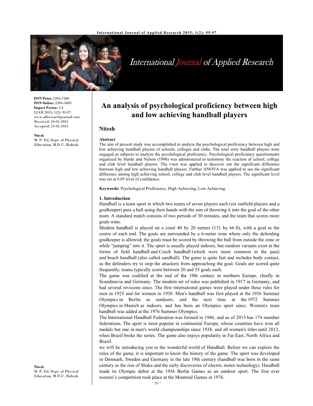An Analysis of Psychological Proficiency Between High and Low Achieving Handball Players