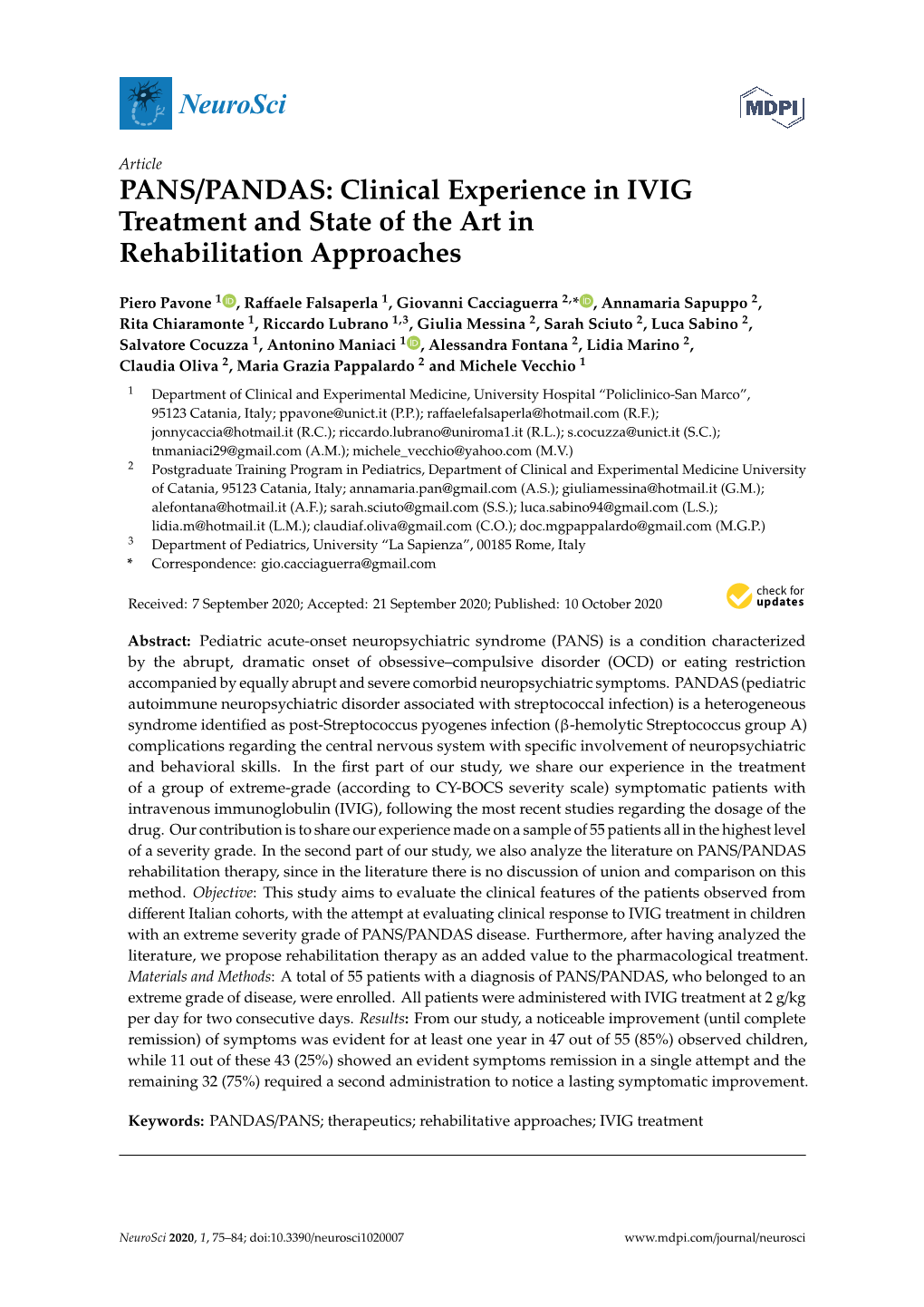 PANS/PANDAS: Clinical Experience in IVIG Treatment and State of the Art in Rehabilitation Approaches