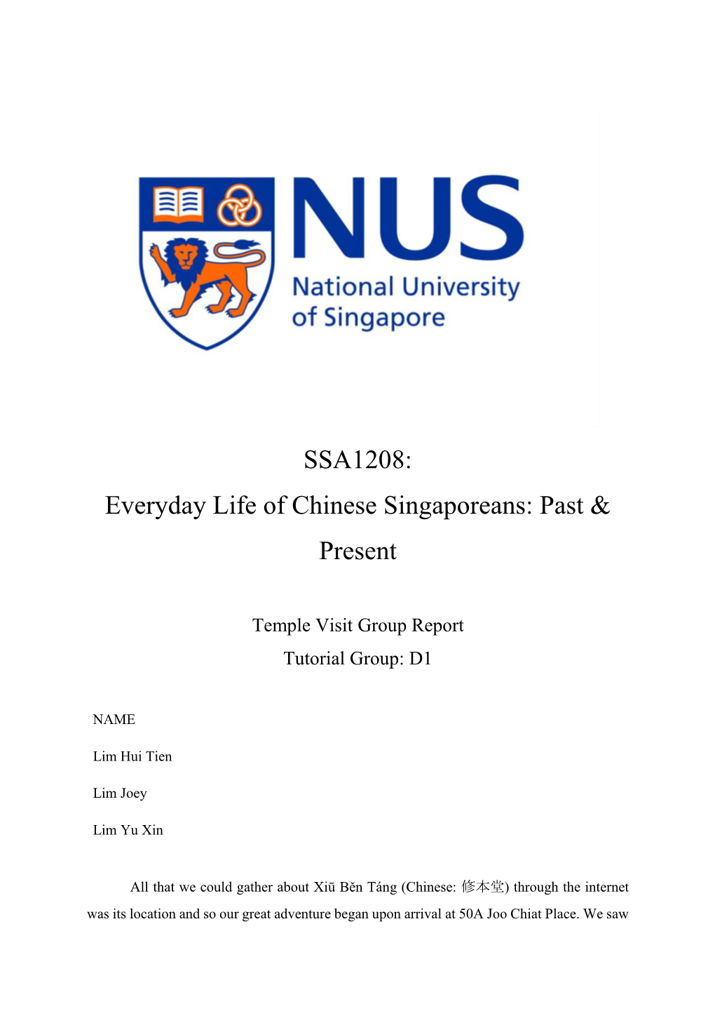 SSA1208: Everyday Life of Chinese Singaporeans: Past & Present