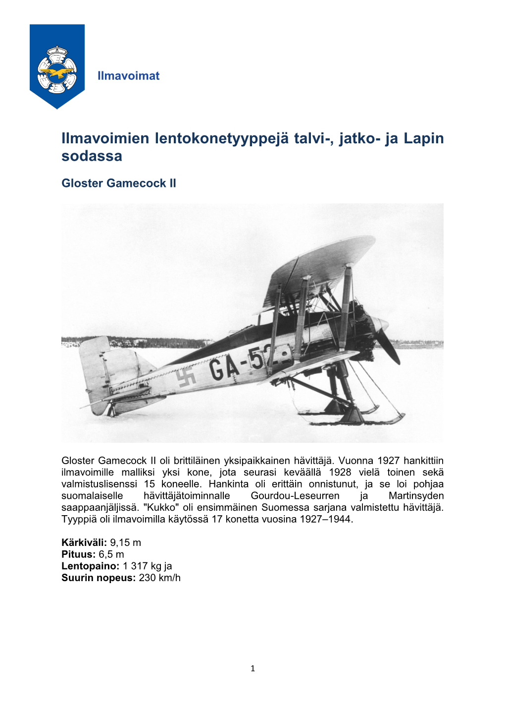 Ilmavoimien Lentokonetyyppejä Talvi-, Jatko- Ja Lapin Sodassa