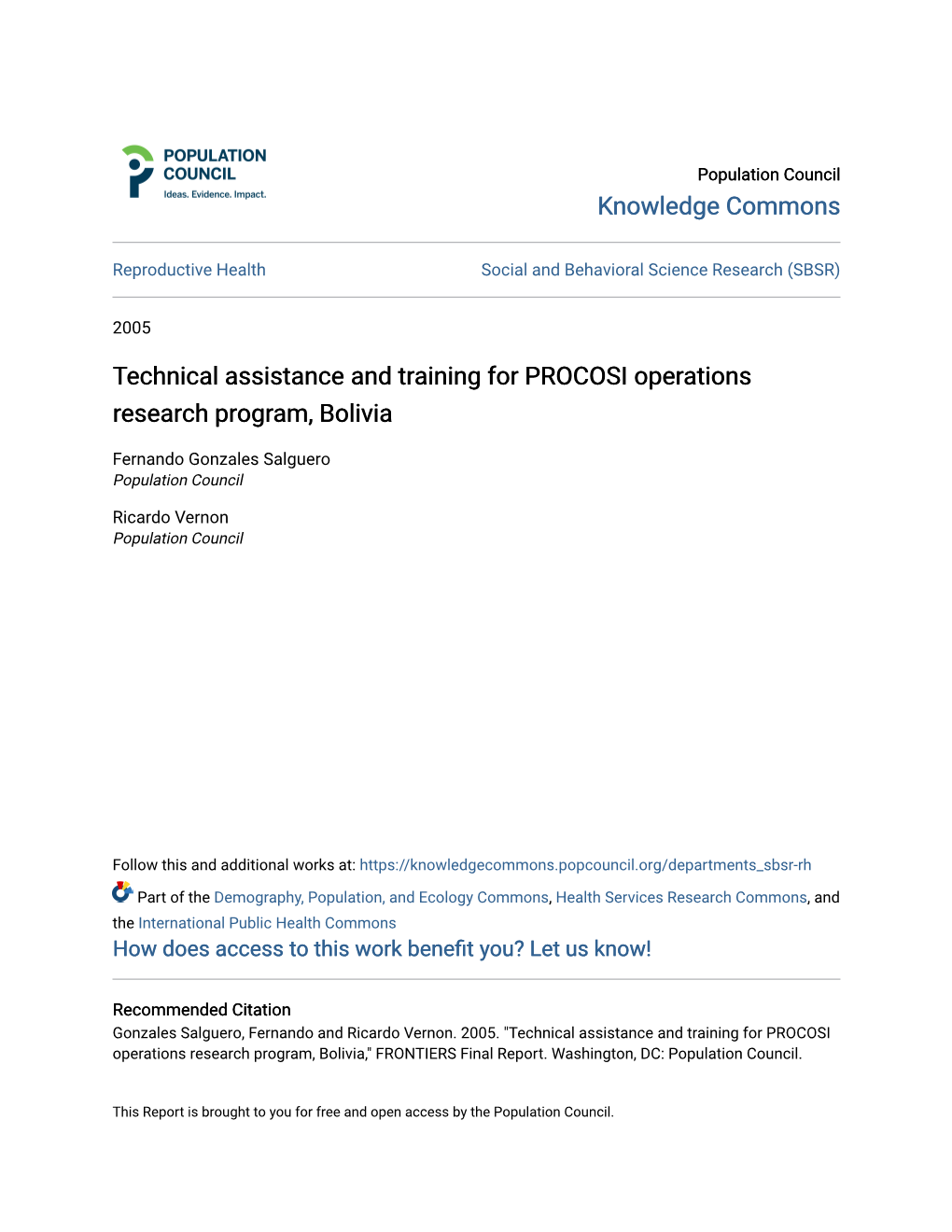 Technical Assistance and Training for PROCOSI Operations Research Program, Bolivia