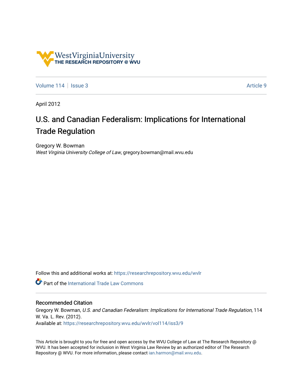U.S. and Canadian Federalism: Implications for International Trade Regulation