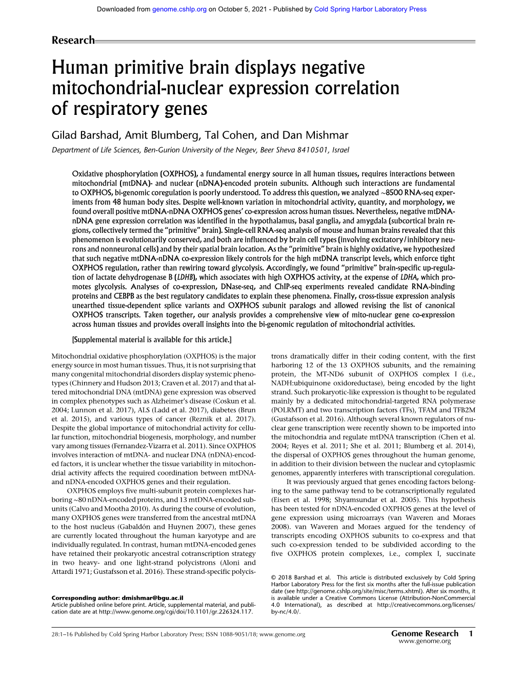 Human Primitive Brain Displays Negative Mitochondrial-Nuclear Expression Correlation of Respiratory Genes