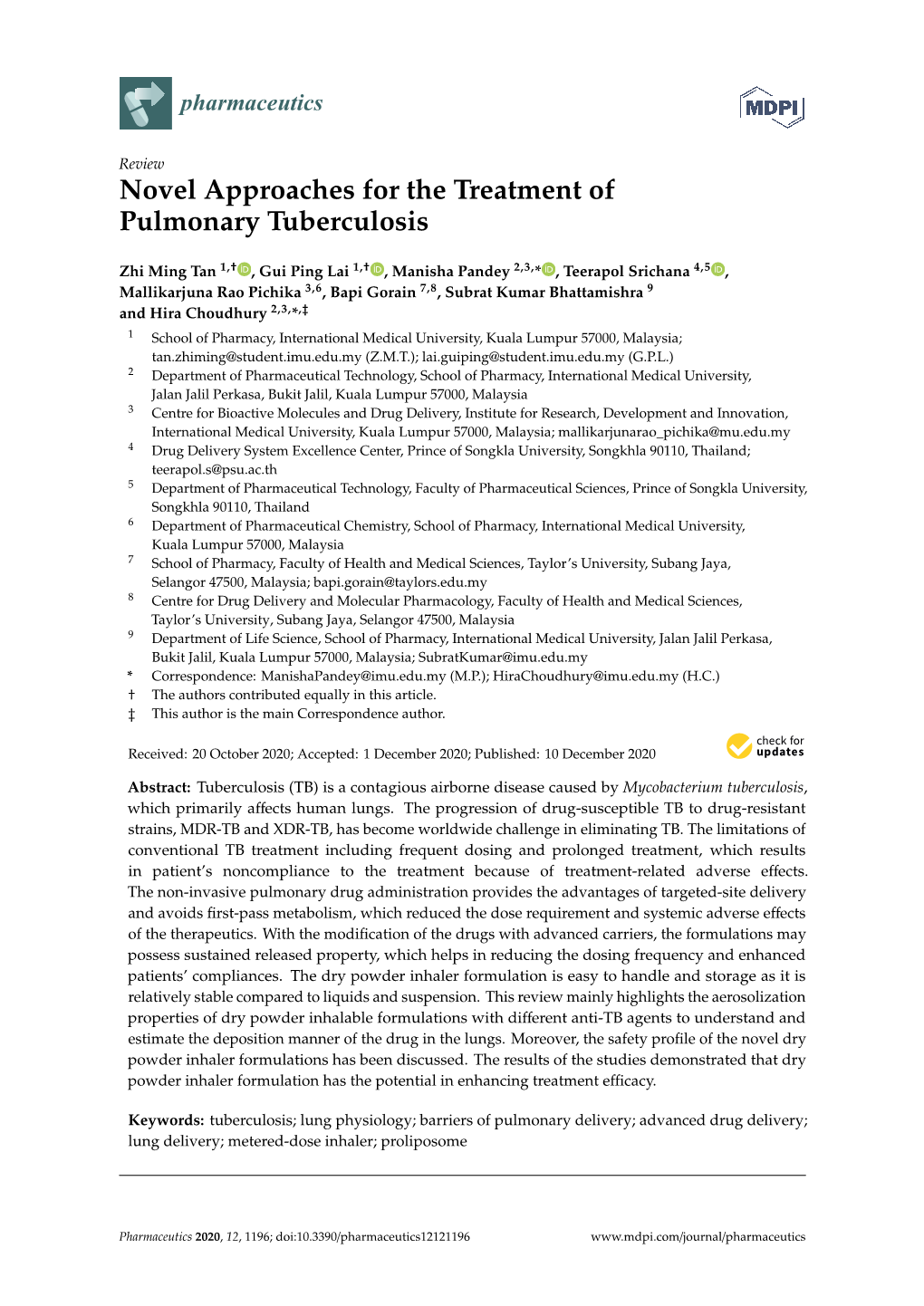 Novel Approaches for the Treatment of Pulmonary Tuberculosis