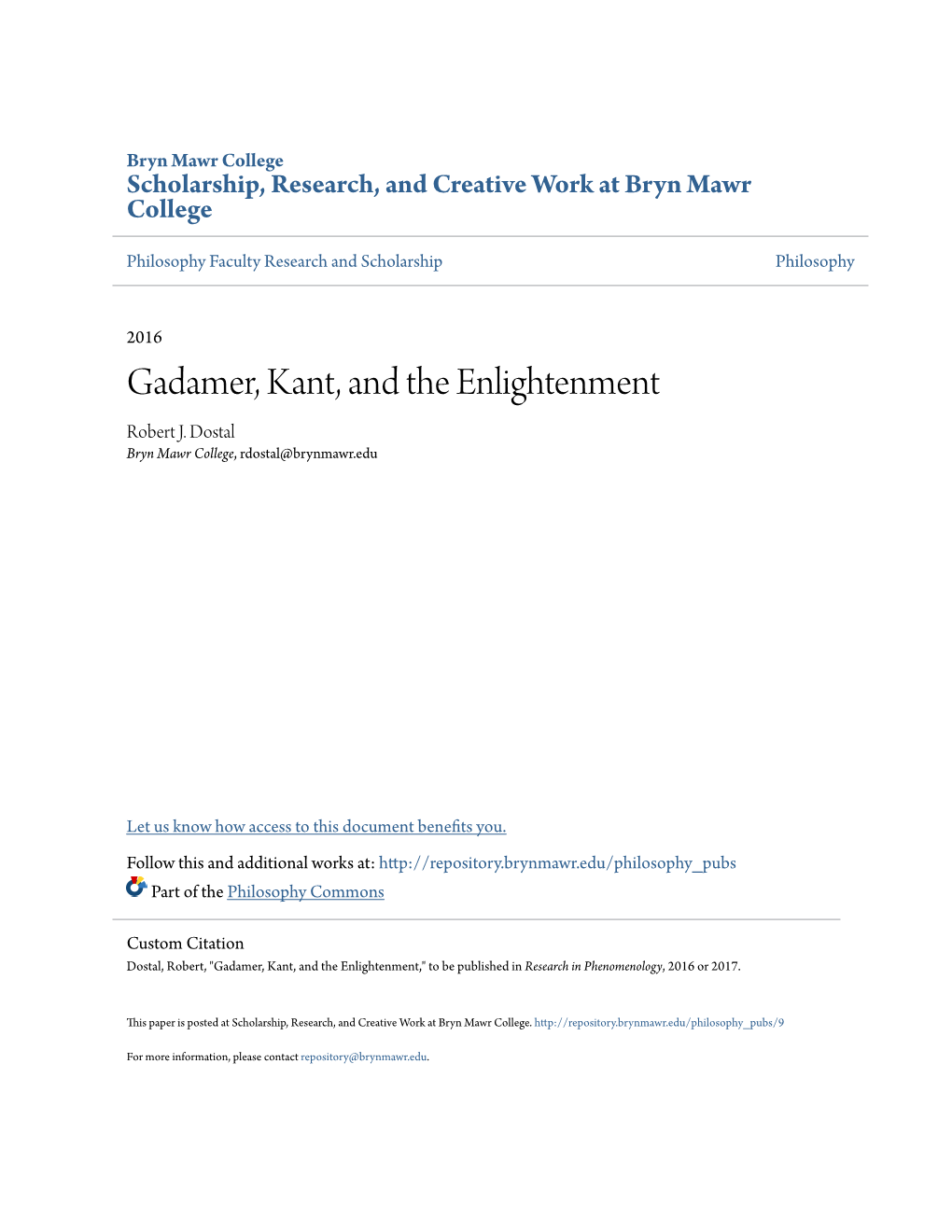 Gadamer, Kant, and the Enlightenment Robert J