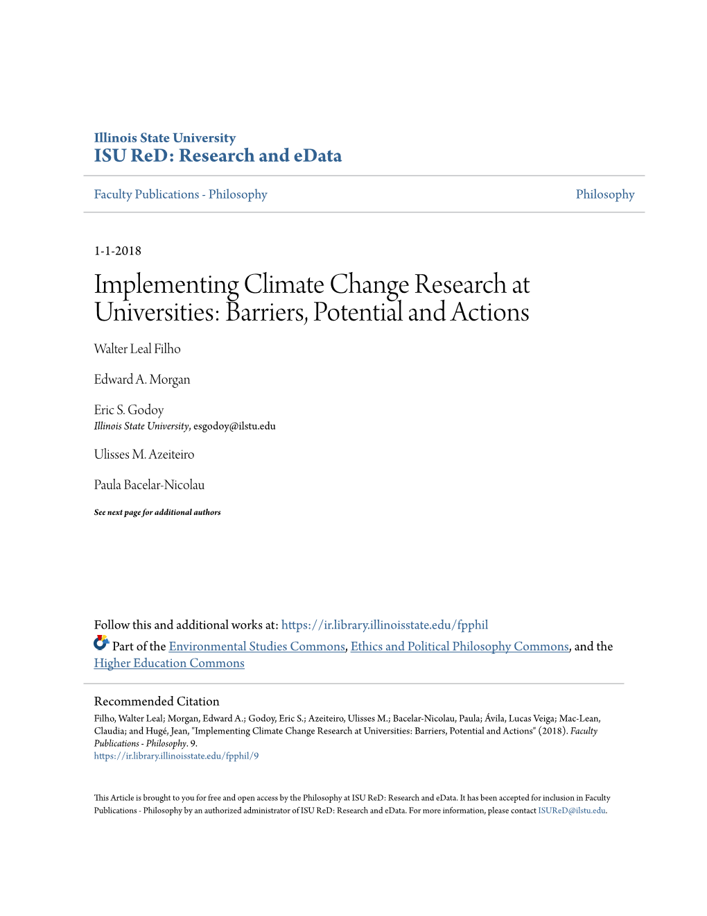 Implementing Climate Change Research at Universities: Barriers, Potential and Actions Walter Leal Filho