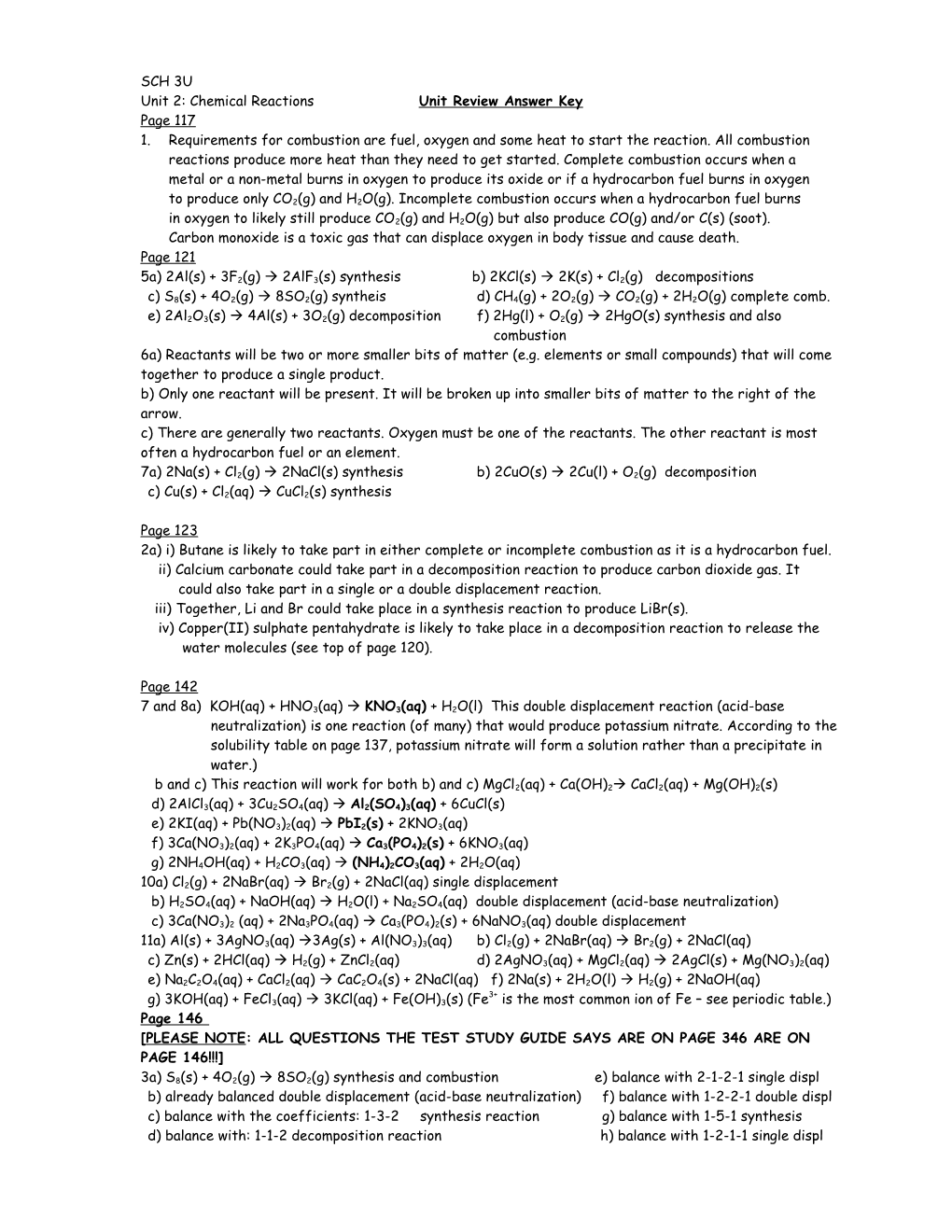 Unit 2: Chemical Reactions Unit Review Answer Key