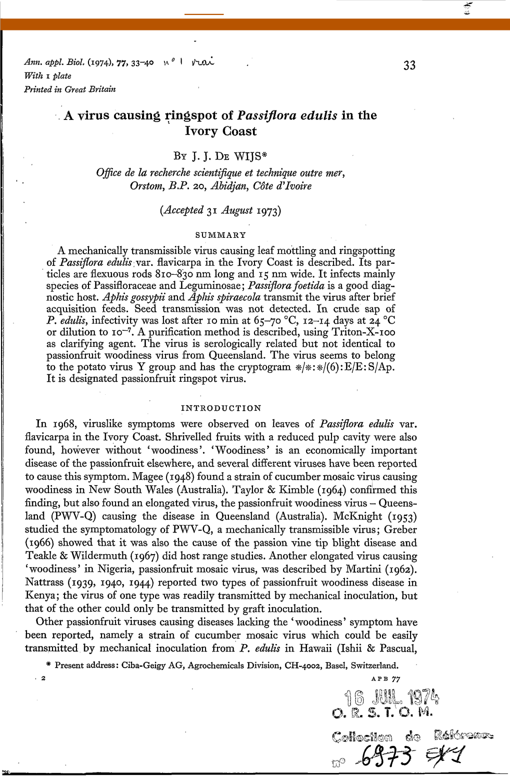 A Virus Cansing Ringspot of Passiflora Edulis in the Ivory Coast