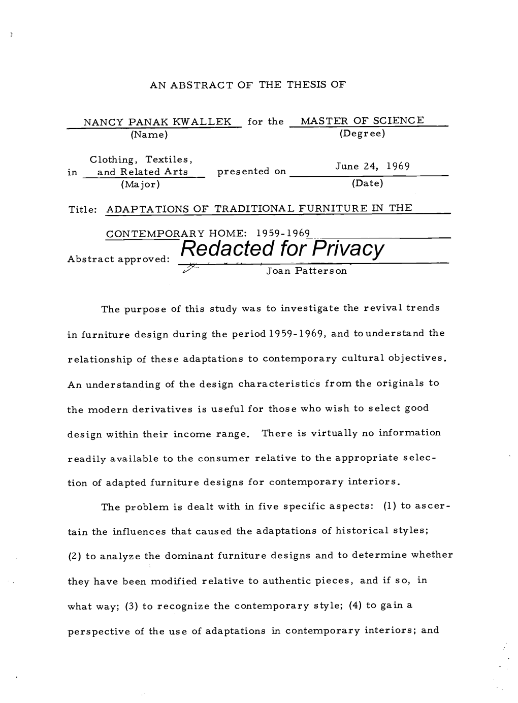 ADAPTATIONS of TRADITIONAL FURNITURE in the CONTEMPORARY HOME: 1959-1969 Abstract Approved:Redacted for Privacy Joan Patterson